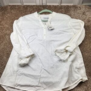 Kim Rogers Petite White Cotton Clip Dot Ruffle Collar Roll Tab Blouse PL NEW